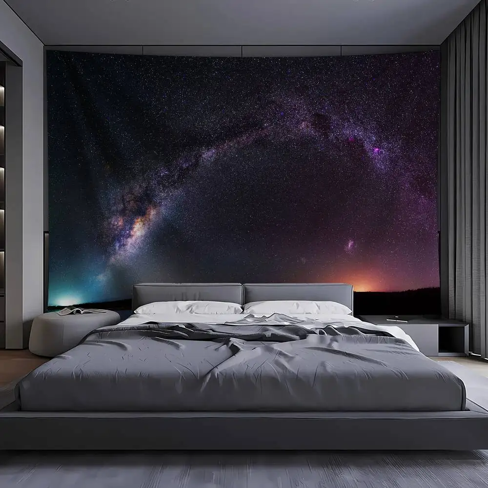 Fashion Starry Night Road Wall Tapestry, Vibrant Purple Milky Way Arch Over Quiet Lakeside Highway Wall Hanging Decor