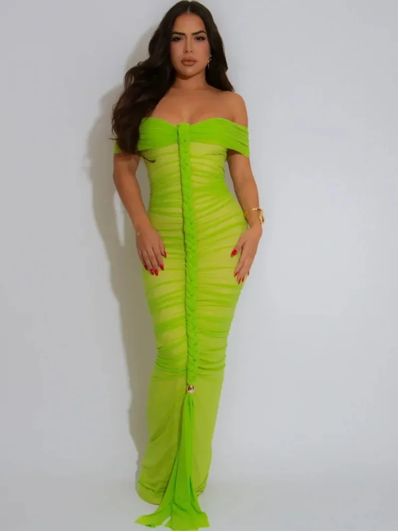 

Women Braid Ruched Sleeveless Slash Neck Bodycon Long Maxi Dress 2025 Summer Party Birthday Sweet Vestido Sexy Dresses