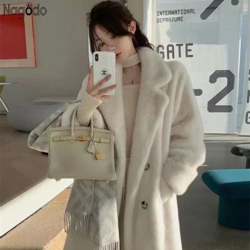 Nagodo Faux Rabbit Fur Coat Winter Women Thick Warm Fur Lined Coat Brown Jacket Long Loose Lapel OverCoat  Female Plush Coats