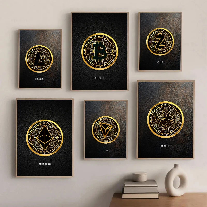 Abstract Golden Bitcoin Monero Cardano Canvas Painting Nordic Modern Wall Art Poster Print Pictures for room Interior Home De