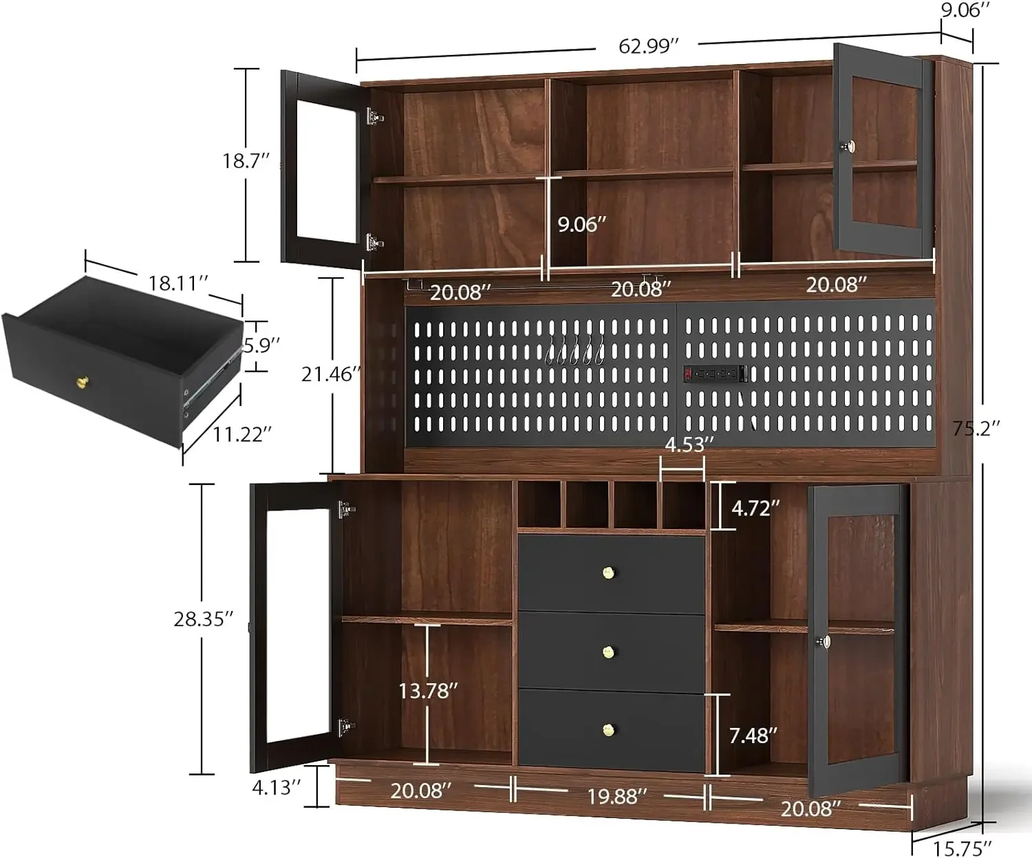 VOWNER Pantry Cabinet, Kitchen Storage Cabinet, Freestanding Buffet Hutch with Pegboard, Cup Holder, Power Outlet, 4 Doors