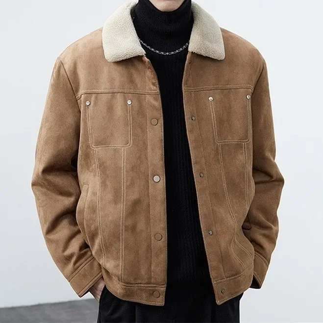 New Fashion Suede Patchwork Imitation Lamb Hair Lapel Casual Jacket, Solid Color Single-breasted Jacket Men's Autumn and Winter