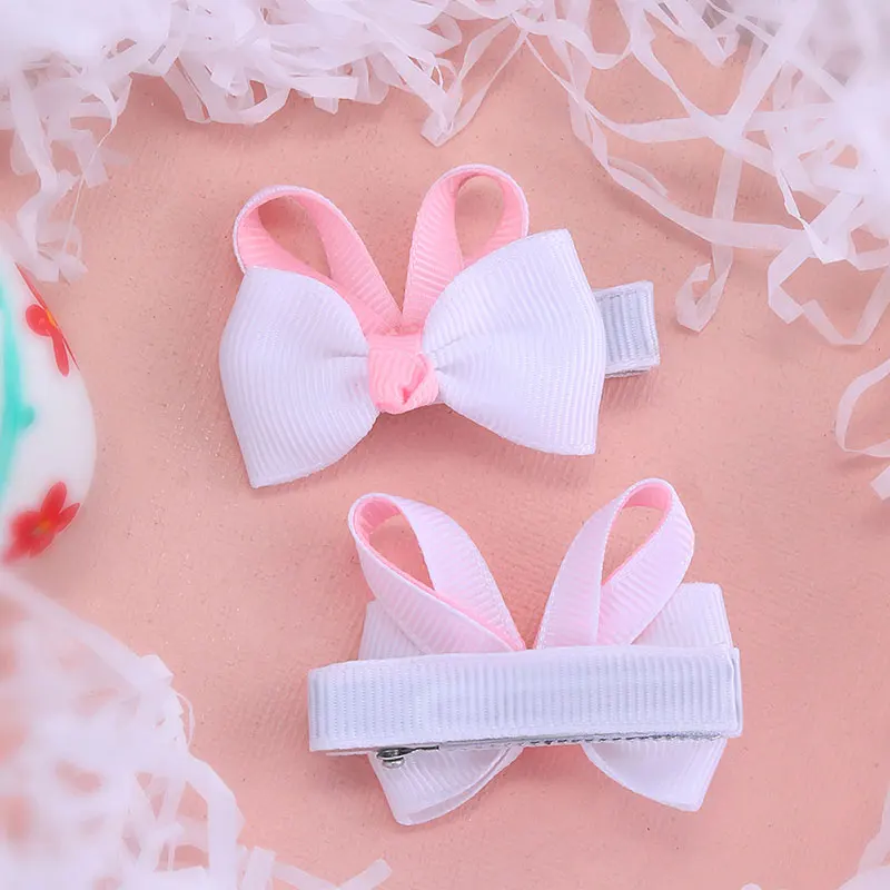 2Pcs Cute Bunny Little Girls Hair Bows Clips Ribbon Pink Hairpin Headwear Mini Bow Hair Barrette Boutique Kids Hair Accessories