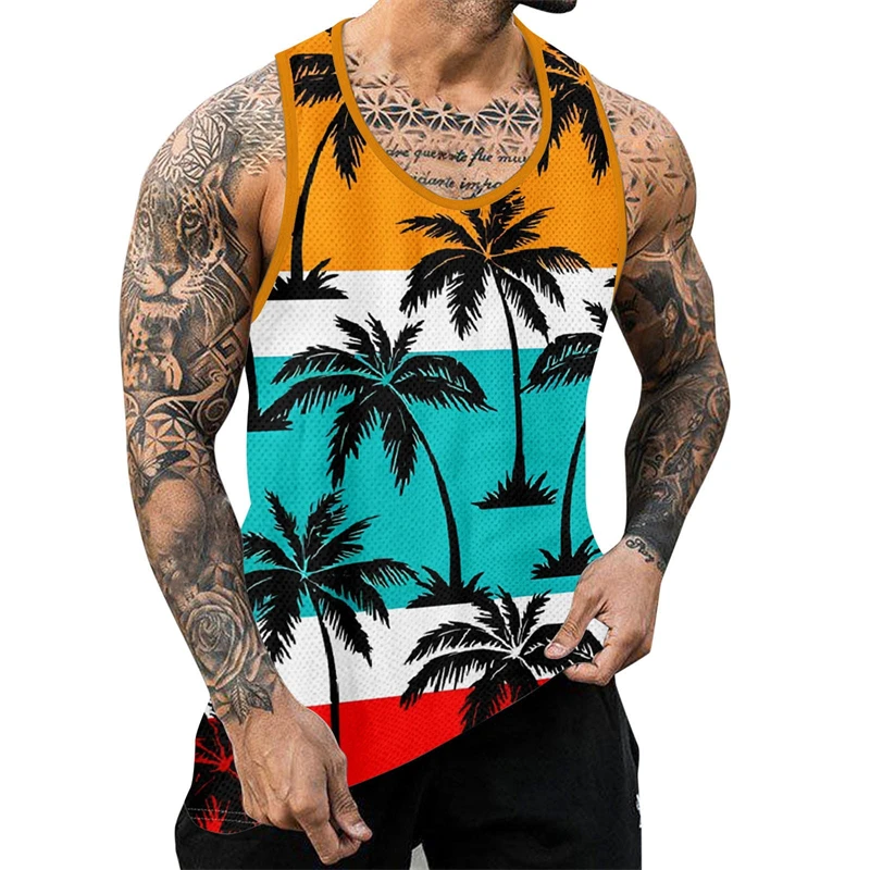 Summer Coconut Tree 3D Printed Hawaiian Beach Tank Tops Men\'s Casual Fashion Vest Oversized Sleeveless Tank Top Gym Man Clothing