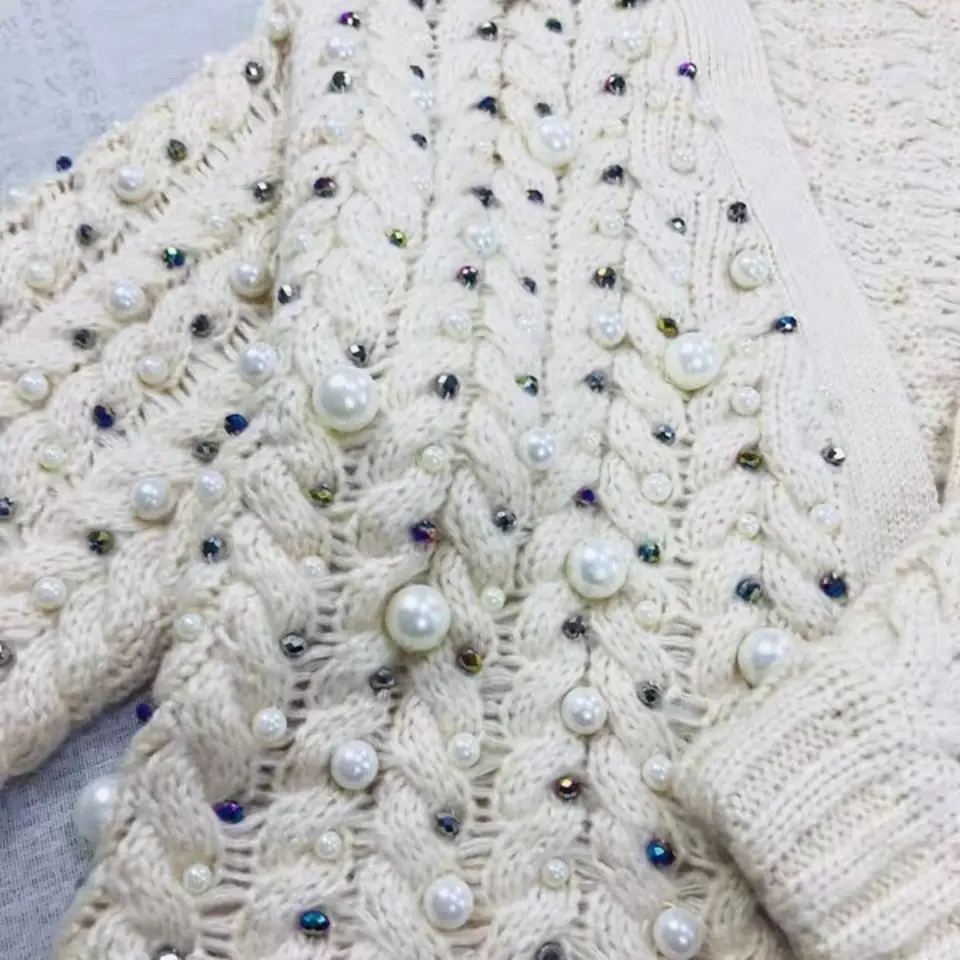 Luxury Autumn Winter Pearls Rhinestone Beads Thick Twisted Crocheted Cardigan Women Sweater Coat Sweater Jacket Knitwear Tops