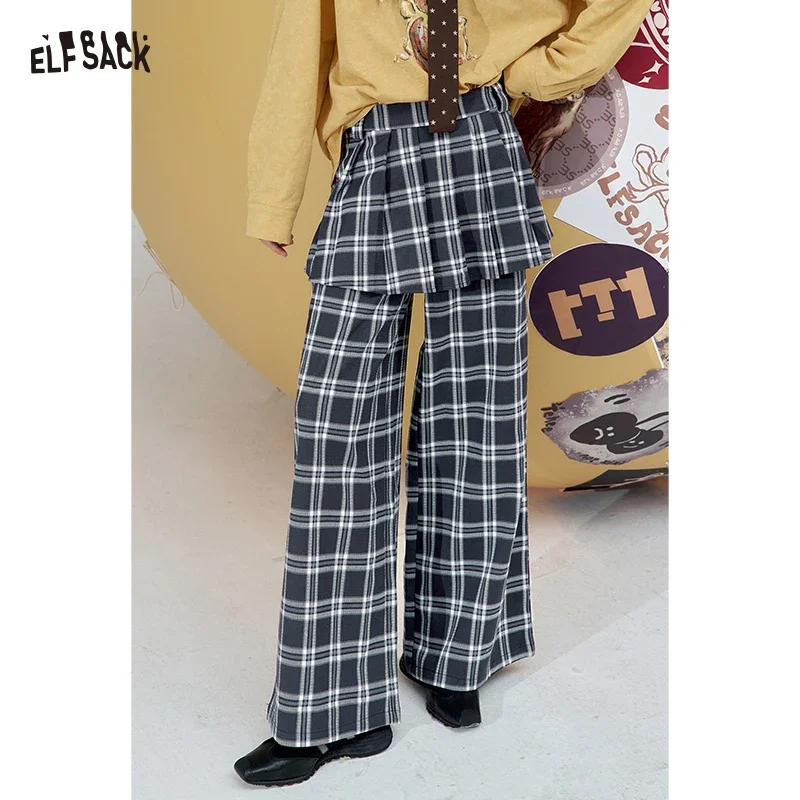 ELFSACK Women's Y2K Plaid Wide Leg Pants with Mock Skirt Layer, Pleated Fake Skirt Trousers for Daily Streetwear