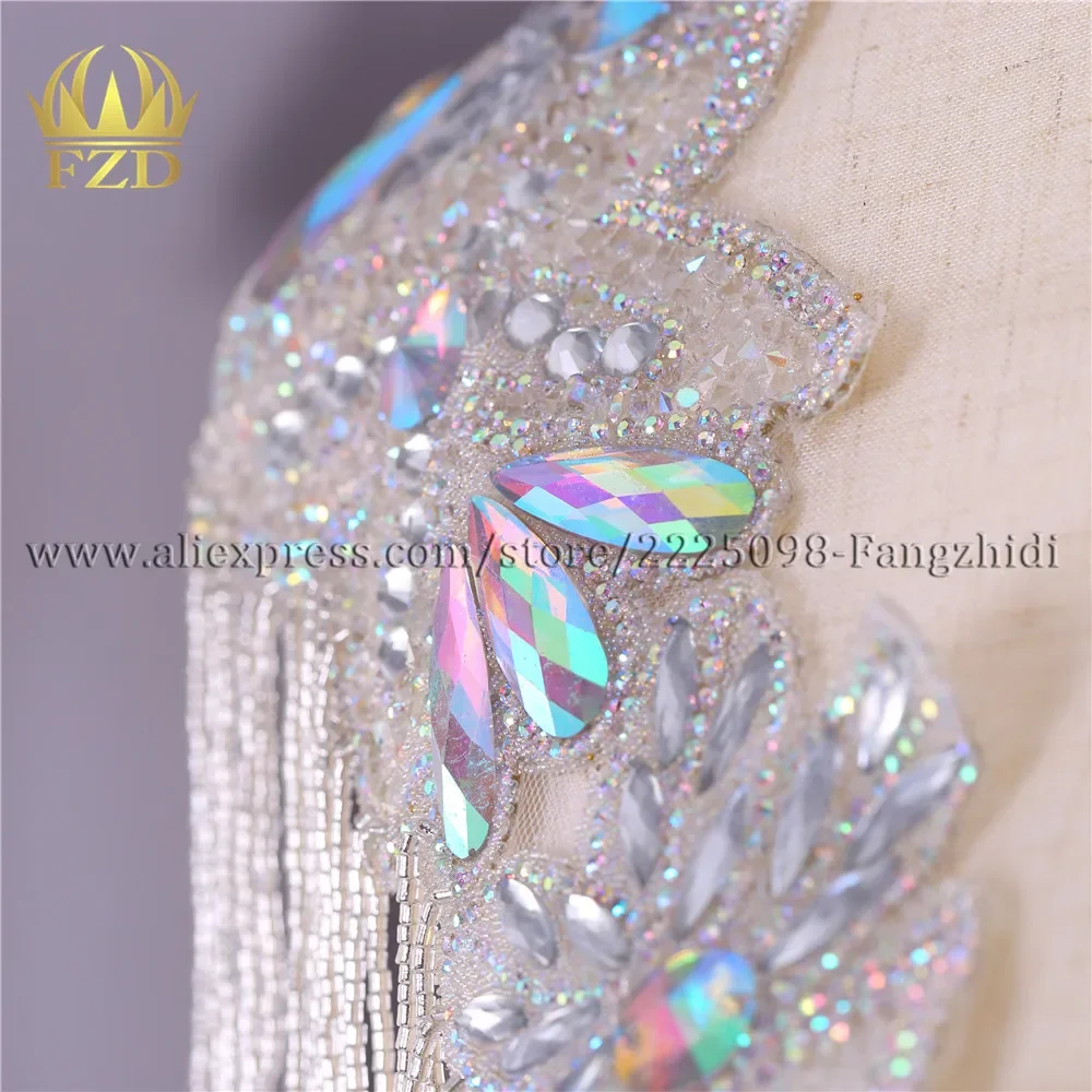 FZD 1 Peice Handmade rhinestone AB Silver Crystal Beaded Sewing Tassel Patches Applique Rhinestones Trimming for Women Clothes