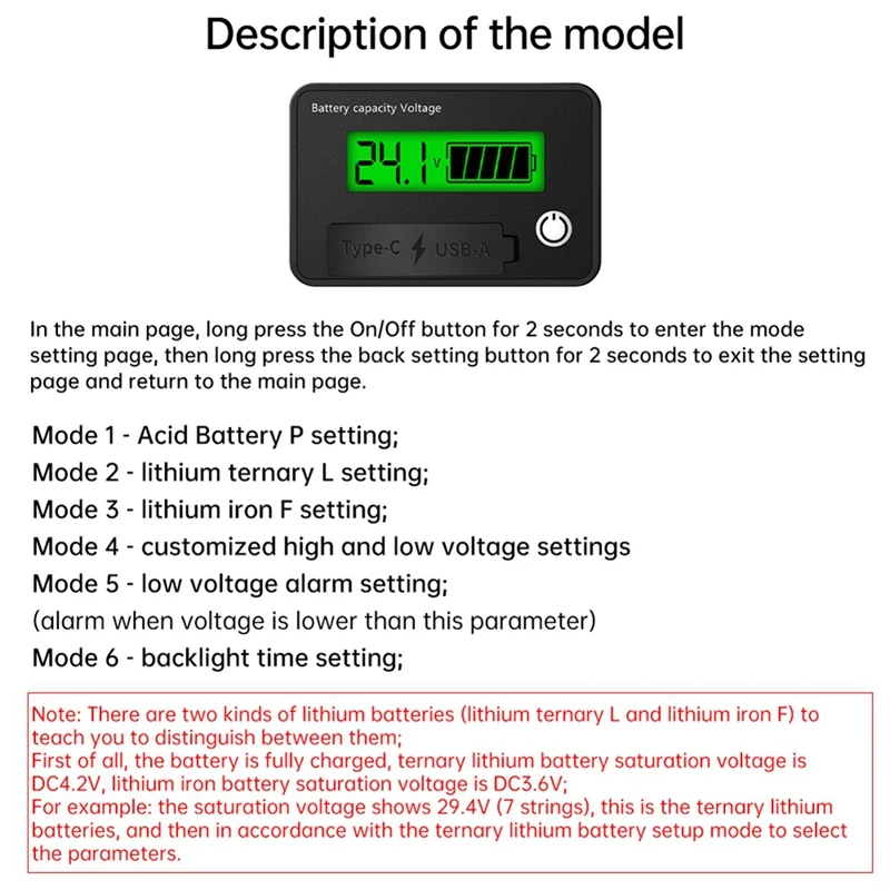 DC 8-30V LCD Digital Battery Voltmeter Capacity Indicator Lithium Acid Battery Voltage Tester Meter Tool TypeC Output,D