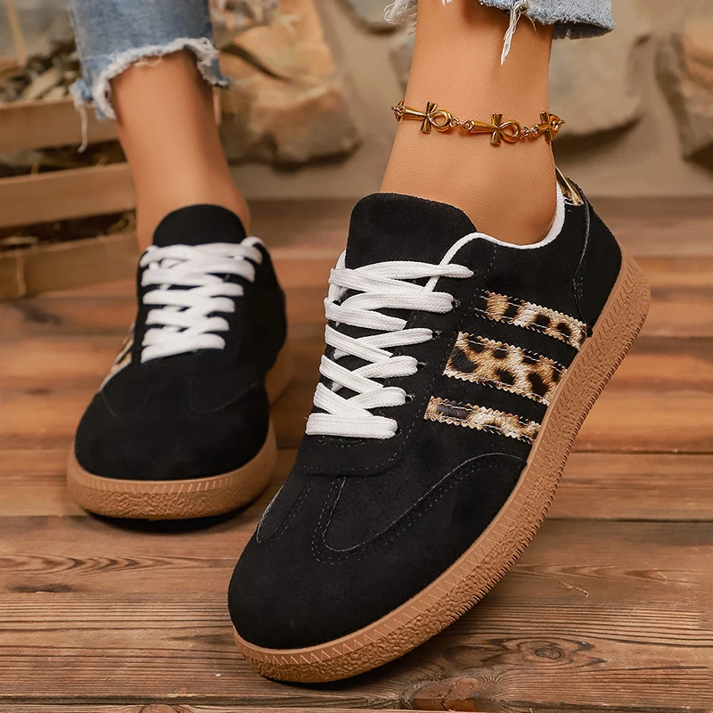 

Leopard Print Striped Platform Sneakers Women Spring Lace Up Thick Sole Sport Shoes Woman Non Slip Flats Vulcanized Shoes