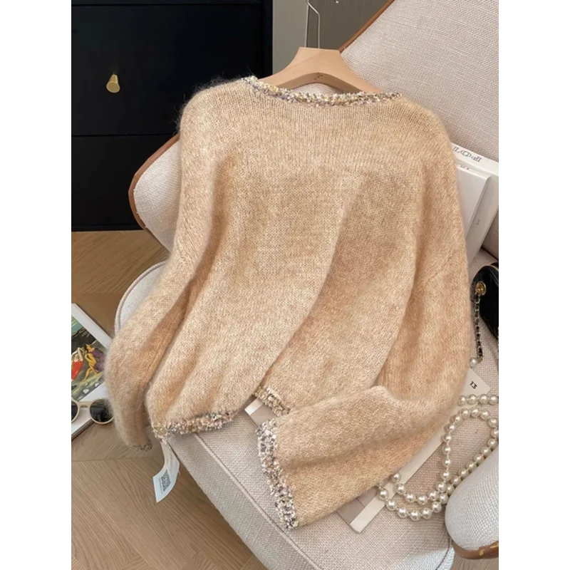 Suéter de malha coreano solto casual patchwork de manga comprida com um senso de design de suéter temperamento combinado para agasalhos