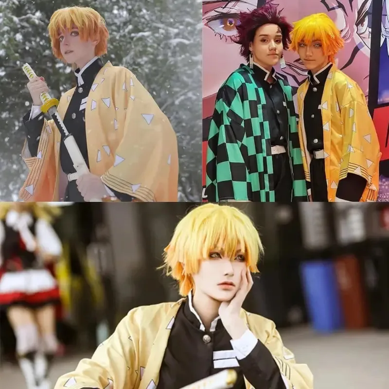 Peluca Zenitsu, peluca corta amarilla para Demon Slayer, peluca naranja ombré, peluca de Cosplay para peluca sintética para fiesta de Halloween, Cosplay