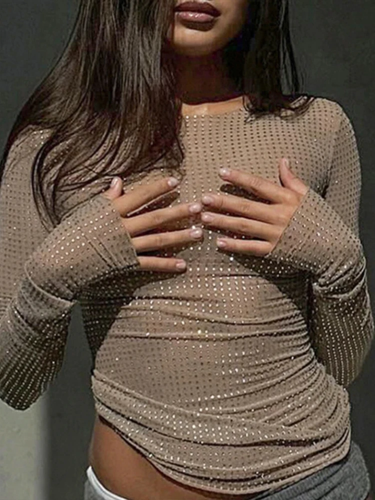 Sexy see through Gauze crop top summer y2k top women clothes streetwear long sleeve tees cropped tops camisas tshirt Shiny tops