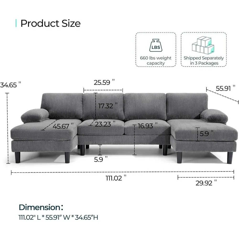 Convertible Sectional Sofa with Double Chaises and Sleepable Armrests, 4-Seat Corduroy U-shaped Couch, SofaLiving Room Sofas