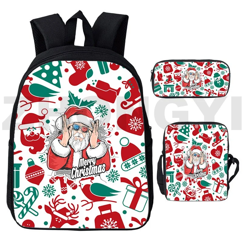 Merry Christmas 3D Backpacks 12/16 Inch Cute Student Fancy High School Bags Santa Claus Gifts Men Women Travel Anime Satchel