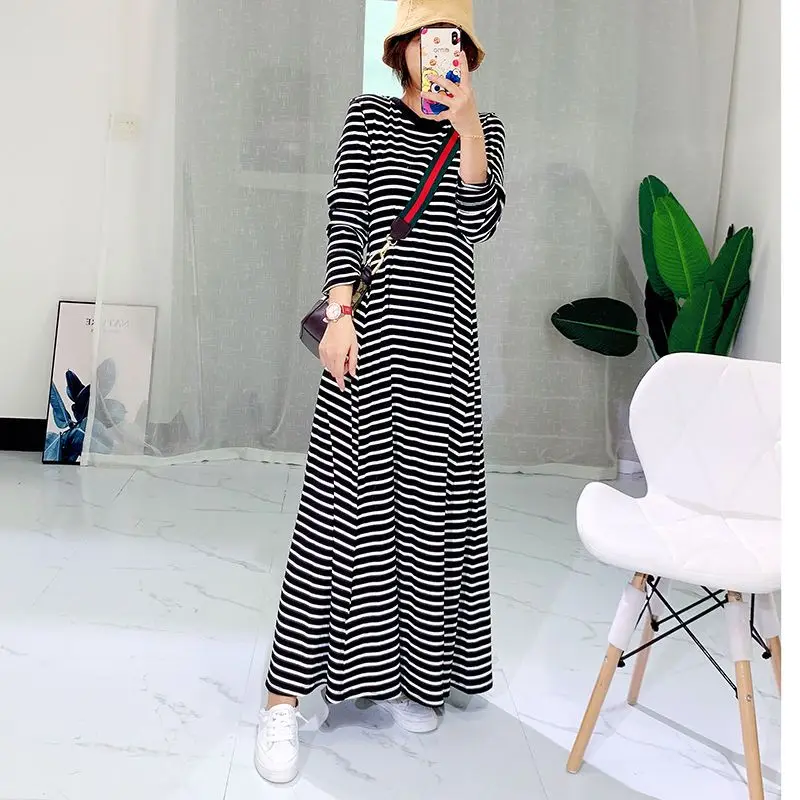 Office Lady Simplicity Printing Striped O-neck Pullovers Long Sleeve Casual Dresses Loose Temperament Autumn Thin Women Clothing