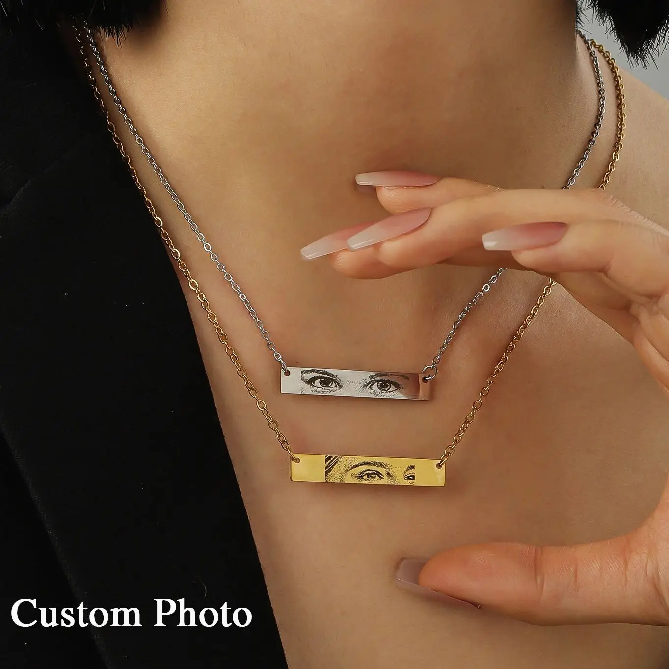 

Horizontal bar Custom Eye Necklace Customized Horizontal bar Date 18K Gold Plated Memorial Jewelry Gift for Women Necklace