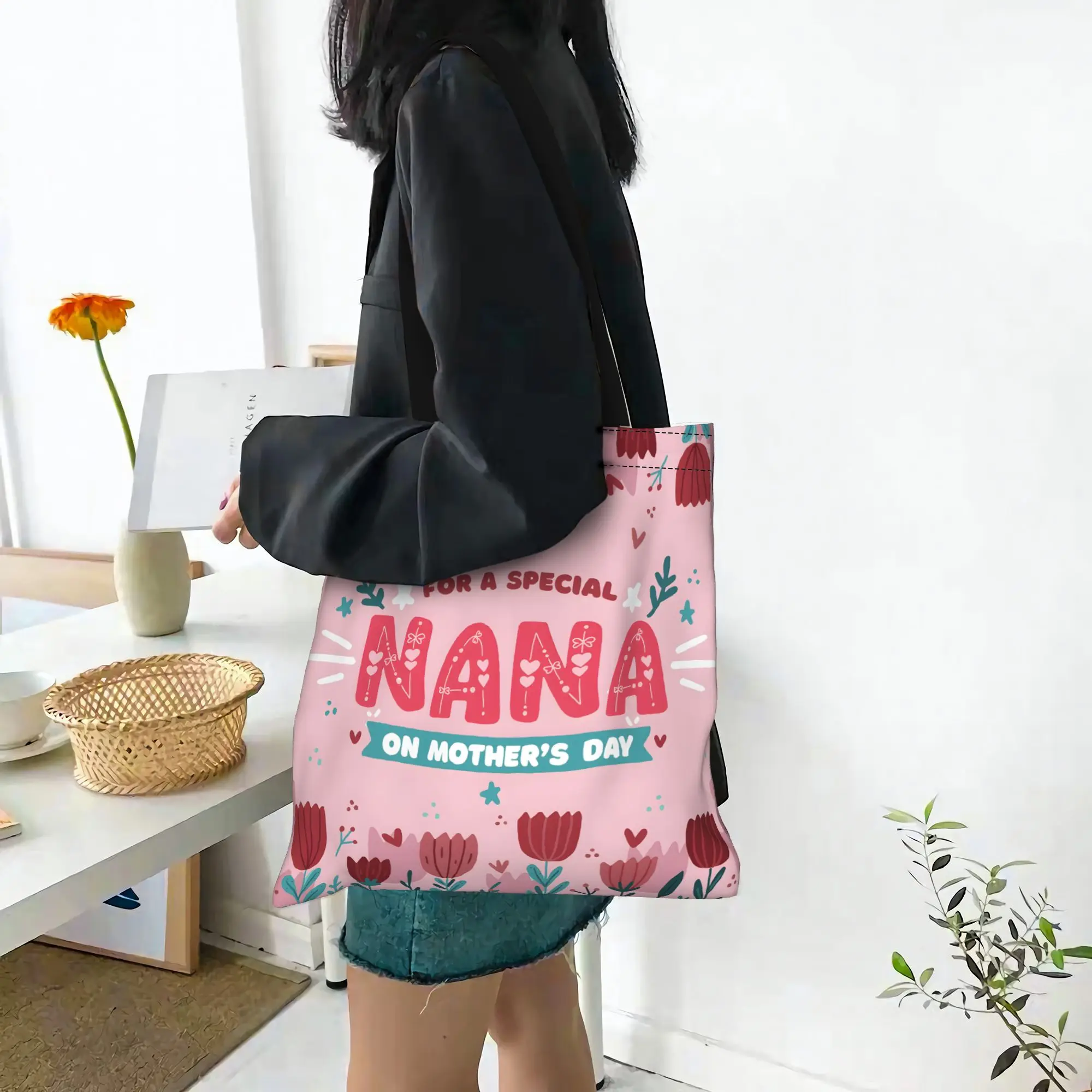 1PC Large Capacity Nana Love Mother's Day Gift Canvas Tote Bag Foldable Chic Pattern No Closed Design view 5