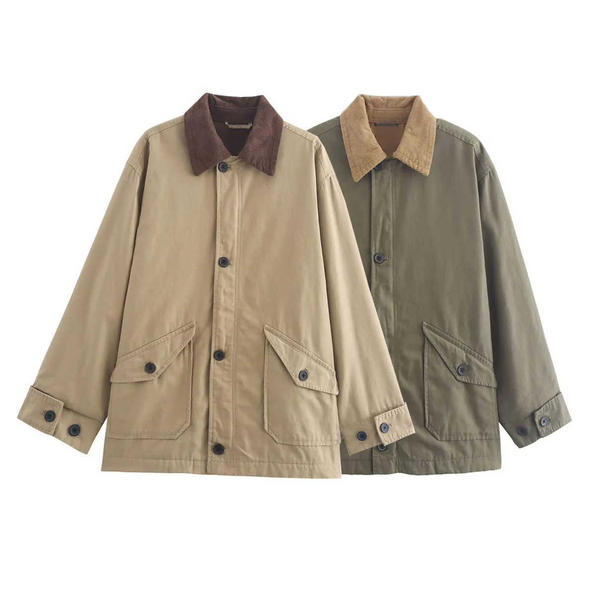 Vintage High Quality Cotton Bomber Jacket Women Pockets Buttons Trench Coat Long-Sleeve Outerwear Cargo Jacket Patchwork Top New