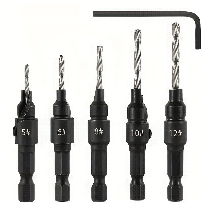 6Pcs Adjustable Wood Countersink Drill Bit Set, Hex Shank Screw Chamfer Reamer with Allen Wrench for Woodworking