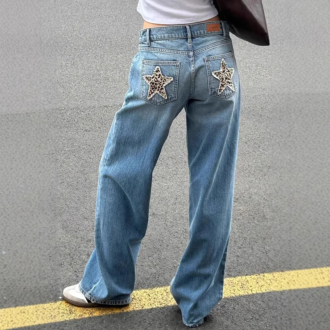 

American Retro Street Leopard Stars Patch Patchwork Straight Jeans Women Loose Casual Pants Women Jeans Denim Straight Pants