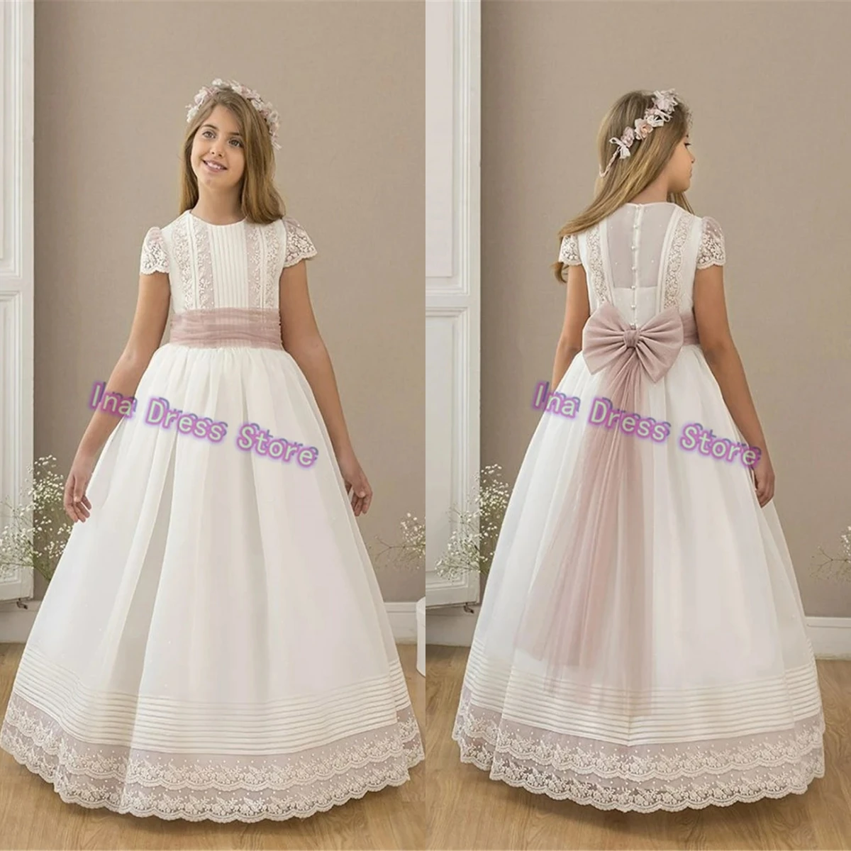 

Elegant Idyllic First Communion Gowns Quality Lace Appliqué Flower Girl Dress Little Princess Ball Kids Birthday Party Gowns