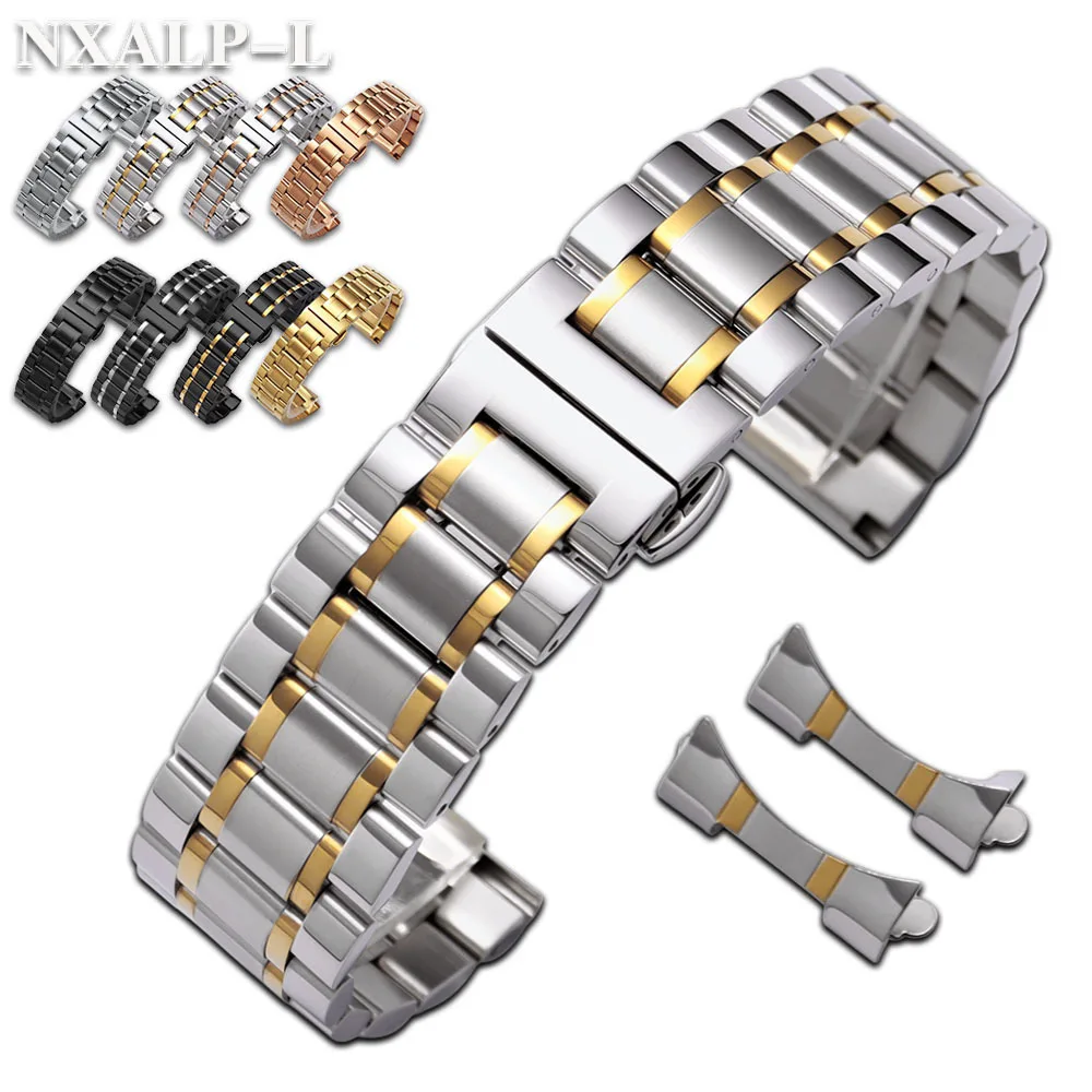 Curved End Stainless Steel Watch Band Butterfly Clasp Solid Metal Universal Bracelet 12/13/14/15/16/17/18/19/20/21/22/23/24mm