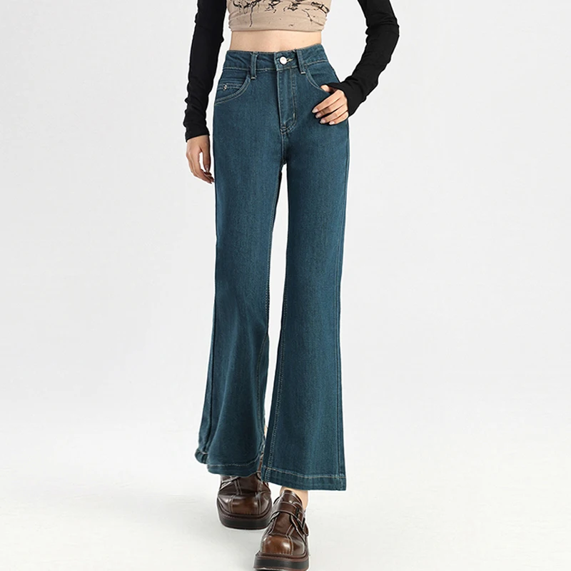 

Новые джинсы с высокой талией, женские тонкие джинсовые брюки-клеш, классические женские винтажные эластичные прямые брюки, универсальная женская уличная одежда