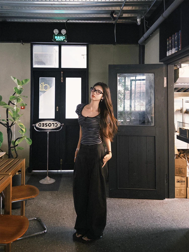 American Sle U-Ne Button Striped ort Sve T-shirt Donna Estate Colore Blo Giovane Retro Dimagrante Sexy ort Top