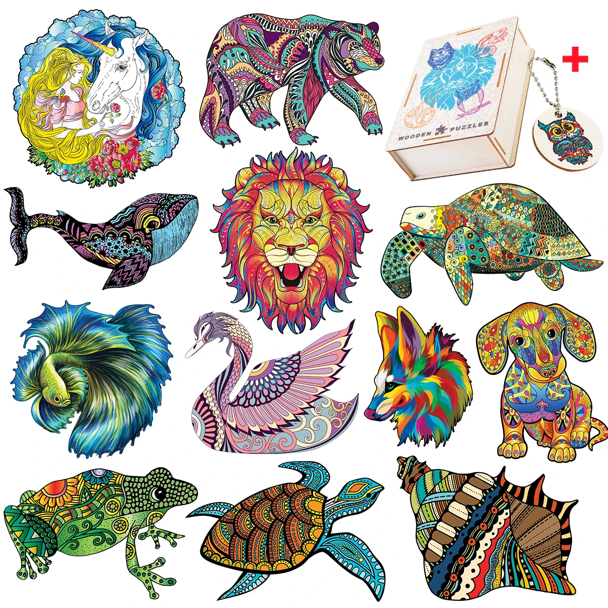 

Brightly Colored Wooden Puzzles Interesting Animal Puzzle Games For Kids Adults Popular Lion Whale Intellectual Toy DIY Drawing