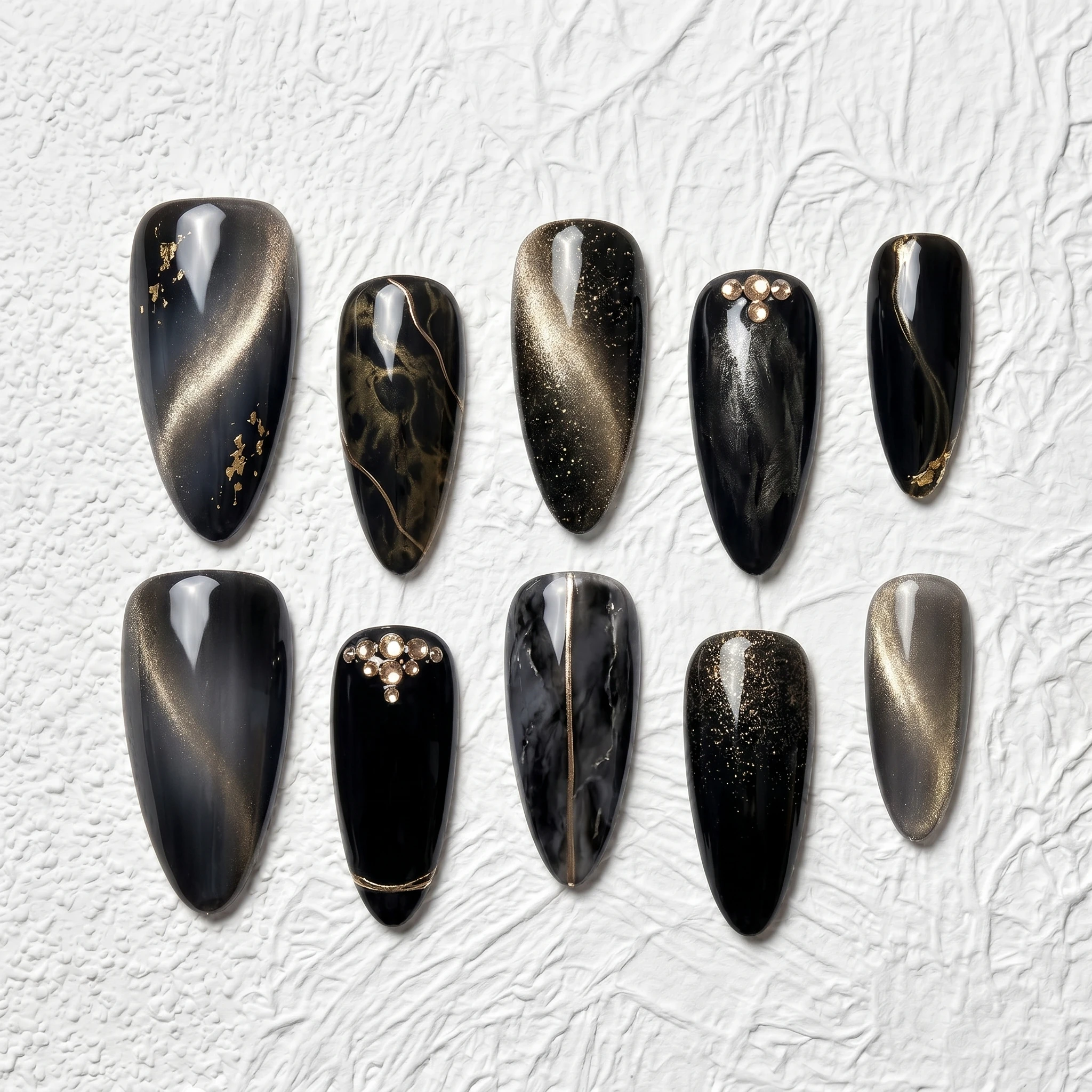 Artisan Handcrafted 10PCS Elegant Glam Almond Press-On Nails | Black Gold Marble, Rhinestones, Metallic Shine, Evening Wear