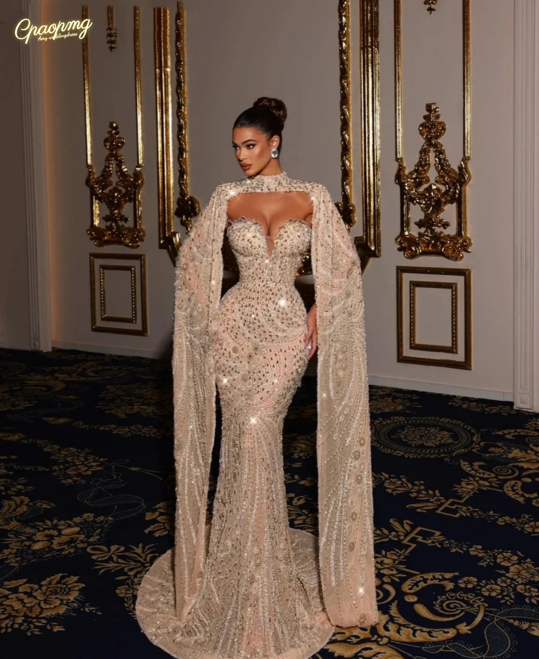 

Индивидуальные дизайнерские вечерние платья русалки для женщин, платье с вырезом сердечком и длинными рукавами, платье с кристаллами и блестками