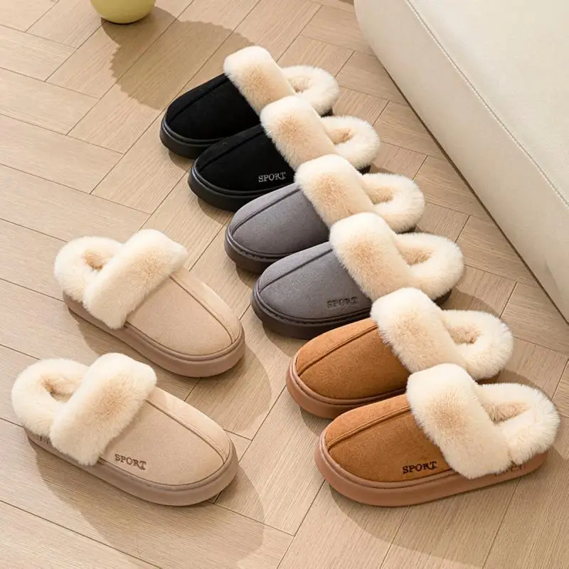 Casual Fluffy Slippers Women House Winter Plush Designer Shoes Ladies Flats Home Warm Fashion Elegant Solid Platform Footwear