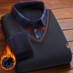 Men's Plaid Pullover Knit Polo Shirts Fleece Lined Sweaters Knitted Bottom Shirts Dad Warm Pullovers Knitwear