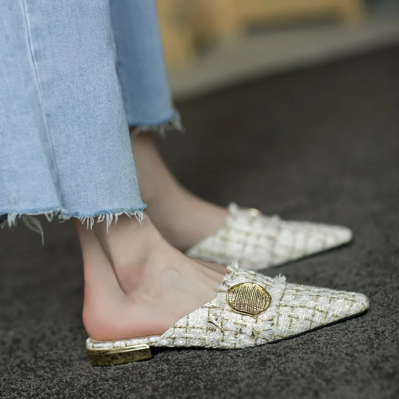 Outwear Woman Flat Shoes mules femme luxe chaussures plates Size 43 Mules Women's Weave Flats Slippers Slip On Simple Shoes