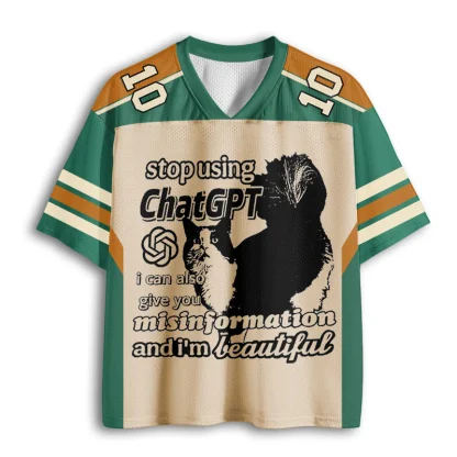 Men Mesh V Neck T-shirt Funny Cat Stop Using ChatGPT Letter Print Summer Loose Streetwear Tee