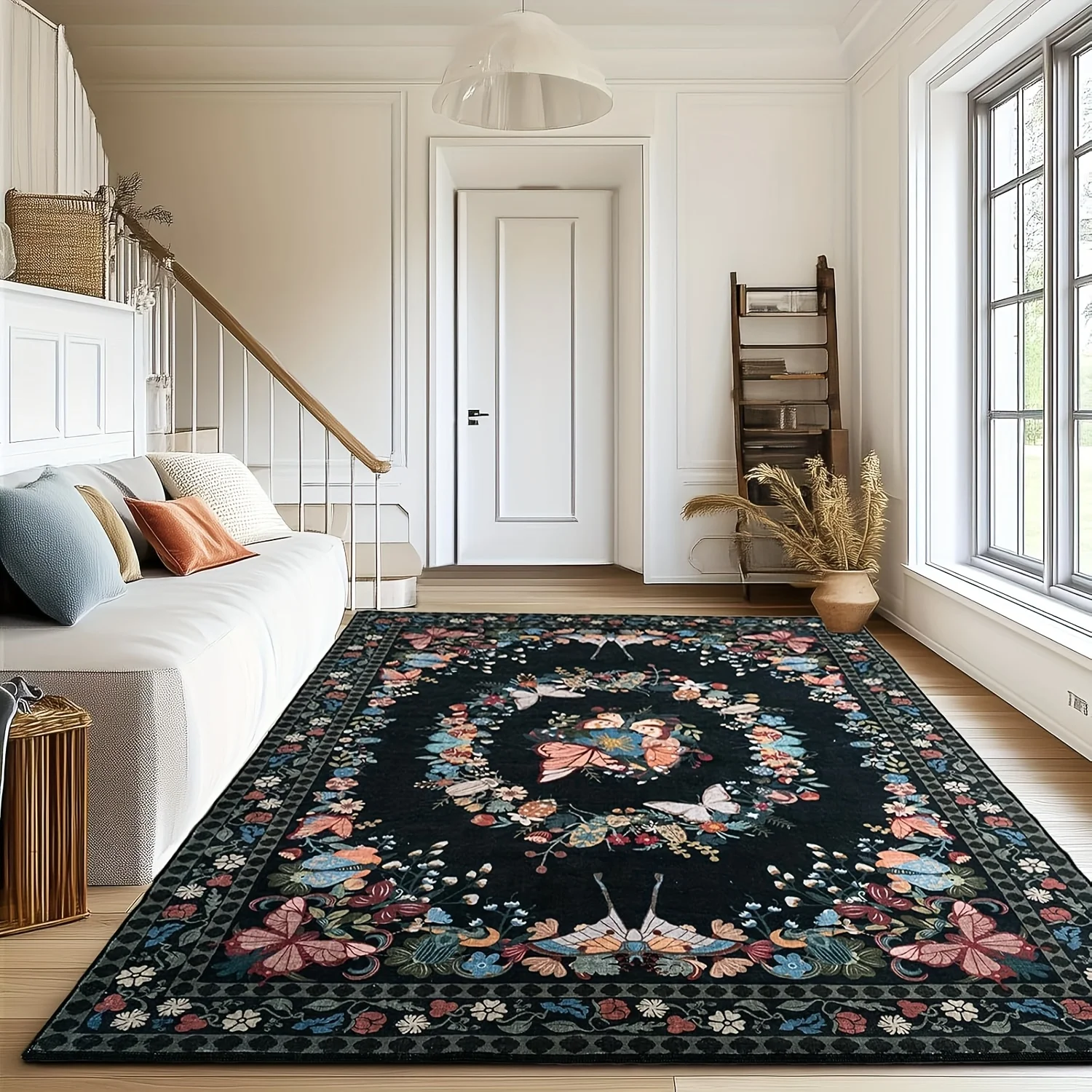 

Gnizama Black Butterfly Living Room Large Area Rug, Washable Vintage Floral Living Room Rug, Bedroom Large Area Rug