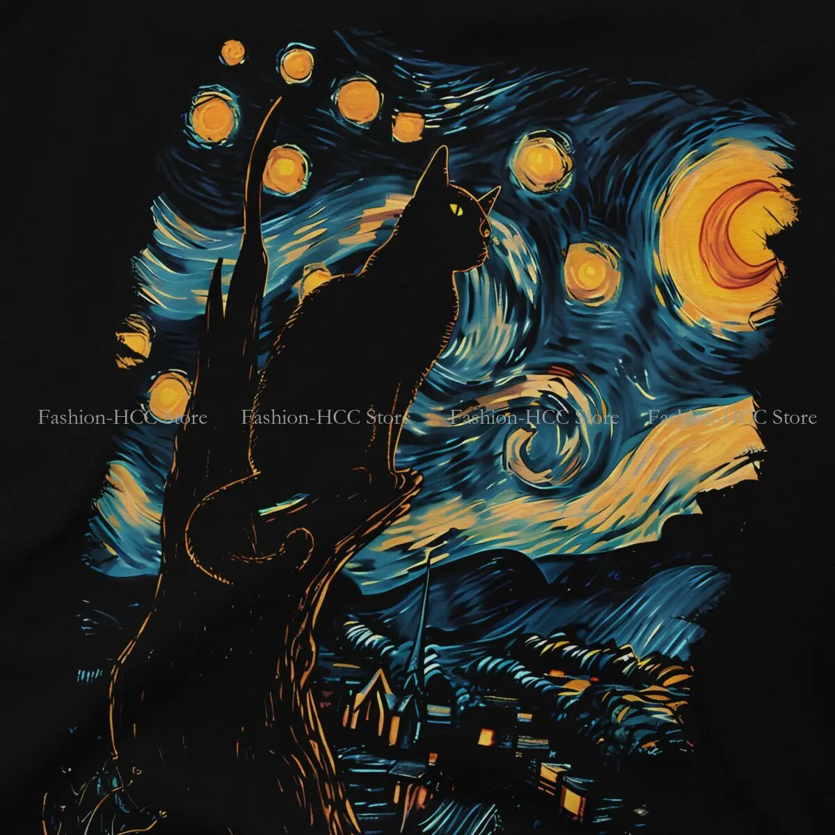 Vincent Van Gogh Starry Night O Neck TShirt Black Cat Fabric Classic T Shirt Men Clothes New Design