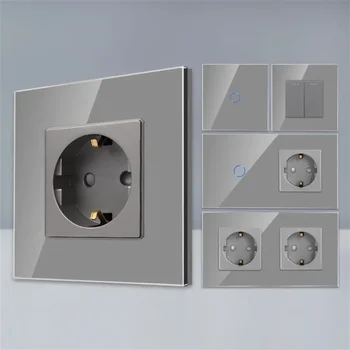 Bingoelec gray light switch and wall socket with crystal glass panel home improvement