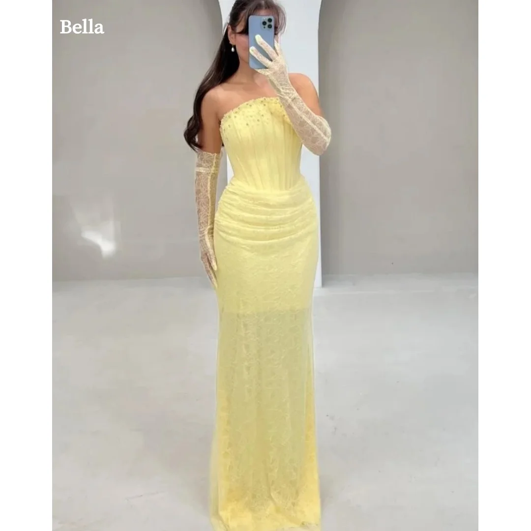 

Желтые блестящие перчатки Bella по индивидуальному заказу, вечерние платья без бретелек с открытой спиной, платье русалки длиной до пола, платье для выпускного вечера 2025