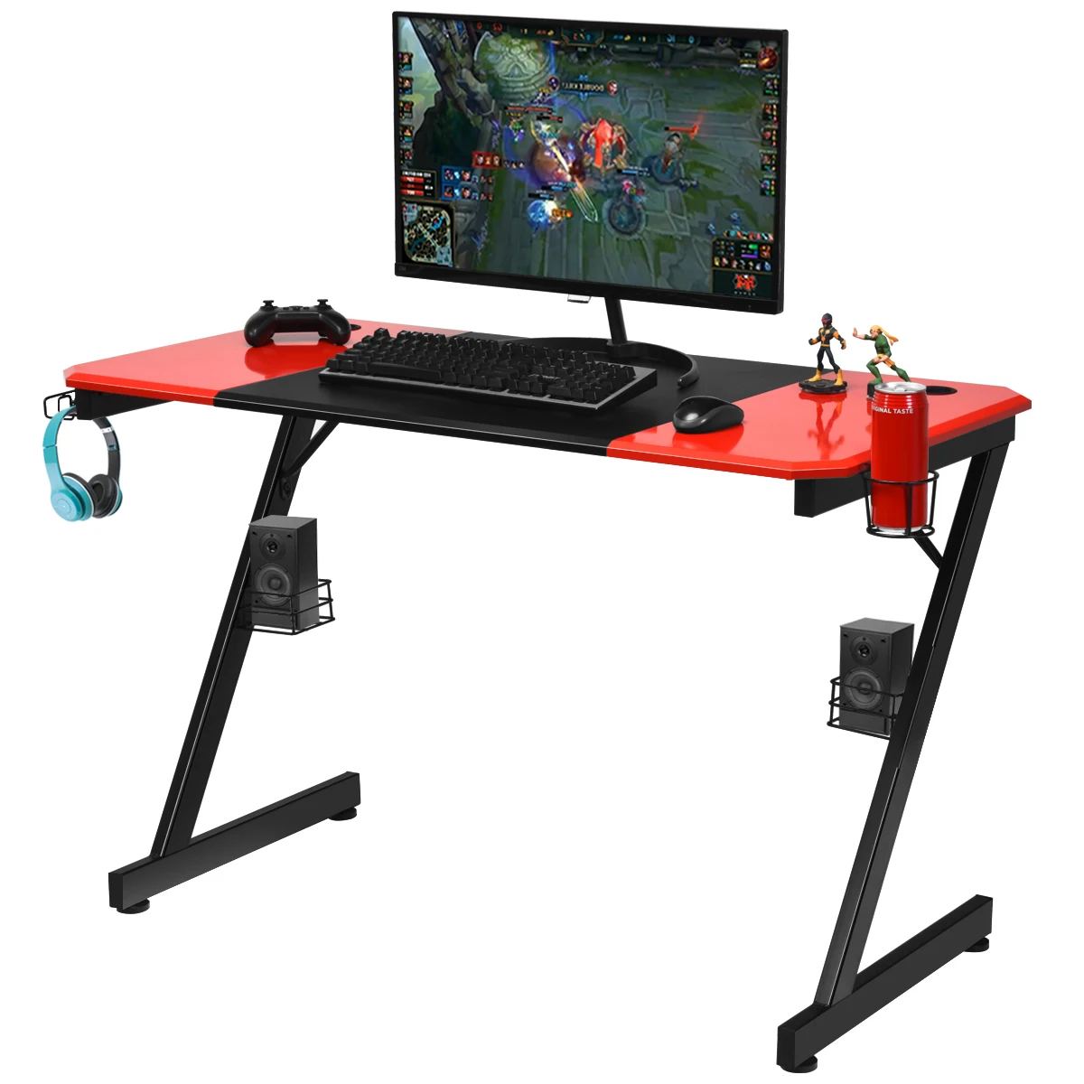 Z-shaped gaming table computer table PC table with mug holder headphones hooks and pit stands desk for home