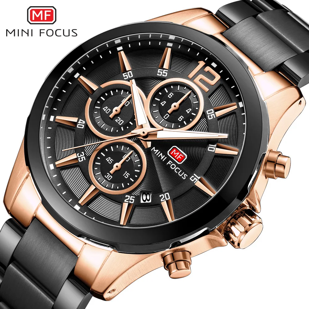 MINI FOCUS 0237 Men Quartz Watch Fashion Cool Multifunction Chronograph Black Bule Stainless Steel Strap Wristwatch for Male