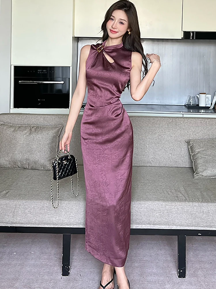 Verano púrpura satén Jacquard ahueca hacia fuera el vestido largo con cuello levantado mujeres elegante vestido internacional de lujo 2025 vestido coreano Chic