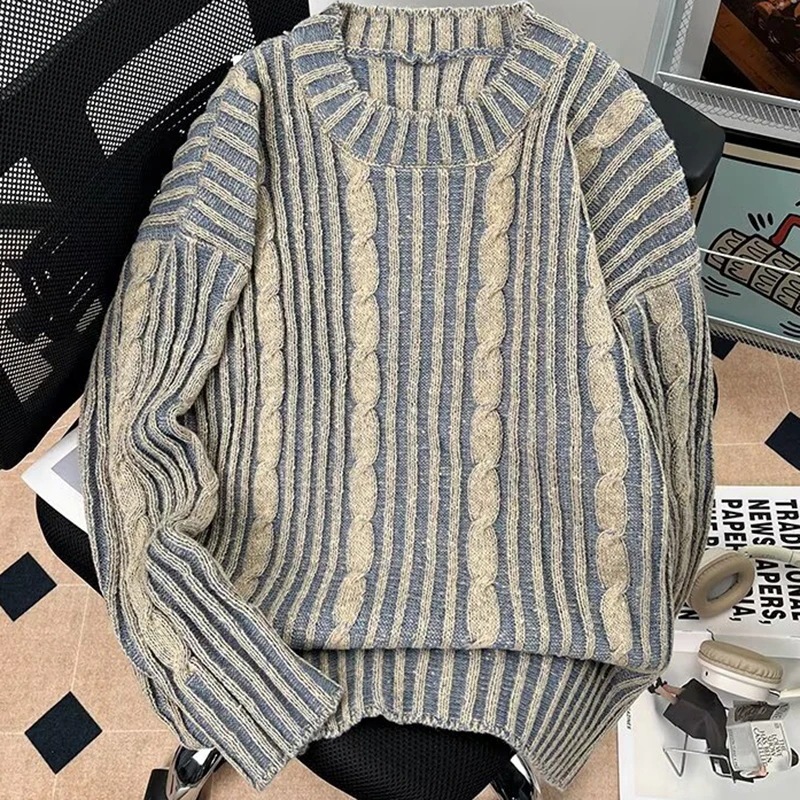 

Striped Crochet Knitted Sweater Men Autumn Winter Crew Neck Pullover Knitwear Streetwear Trendy Fashionable Sweater Male Jersey