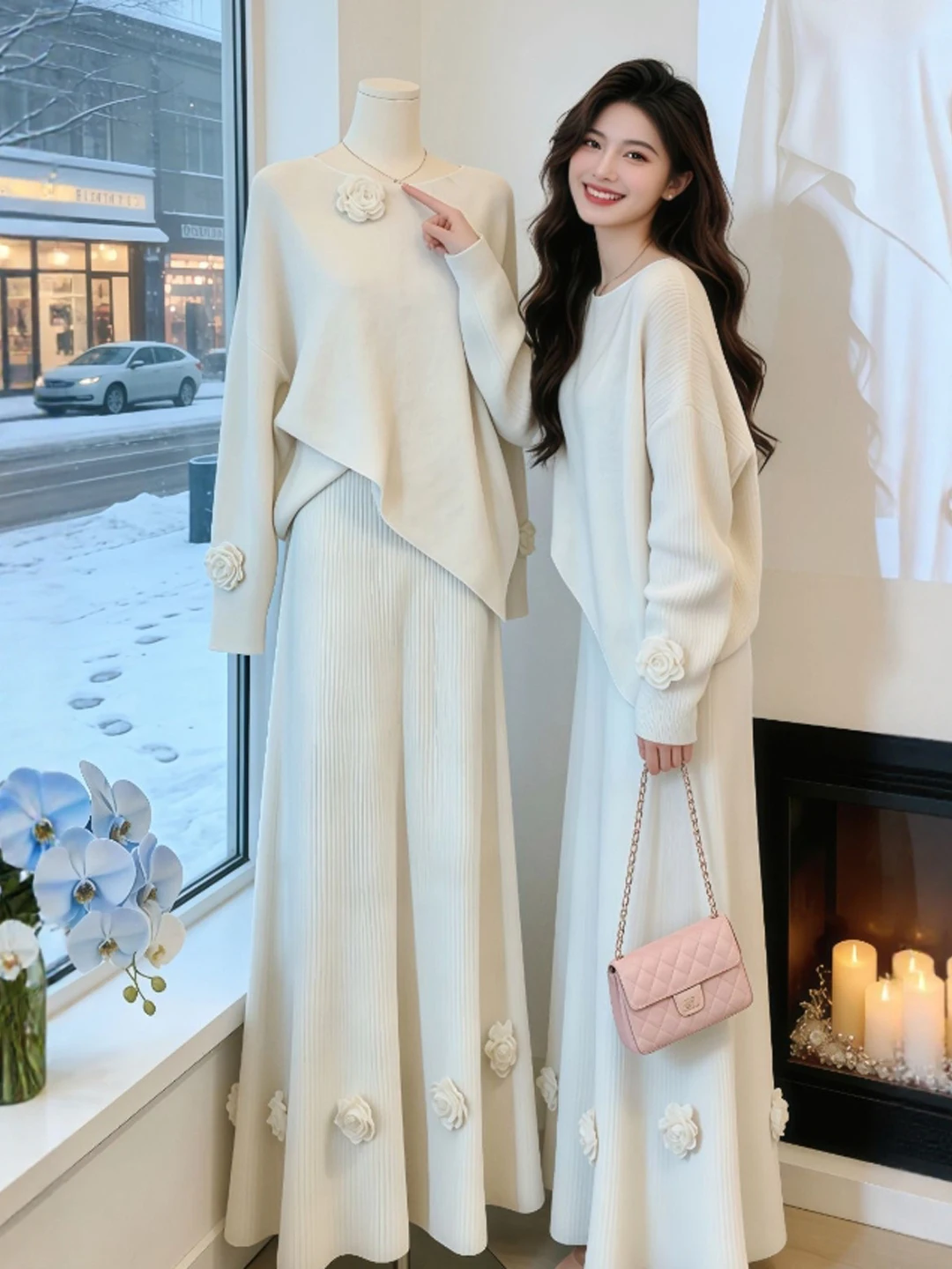 

Korean Sle Unique Unusual Knitted Sweater Skirt Two-Piece Set Anti-Aging Whole Set of Spring Faion Long Sve round Ne