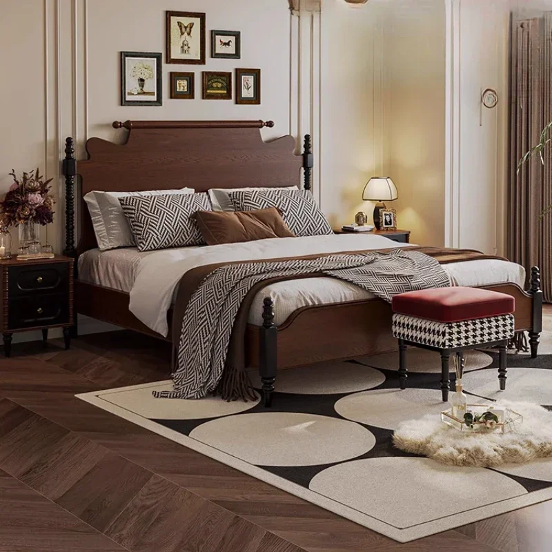French retro style solid wood bed 1.8 meters double master bedroom bed, high-end American all solid wood medium-ancient
