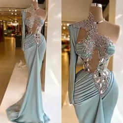 Fashion Evening Gowns One Shoulder Prom Dress Crystal Appliques Satin Party Dresses Custom Made Vestidos de noche