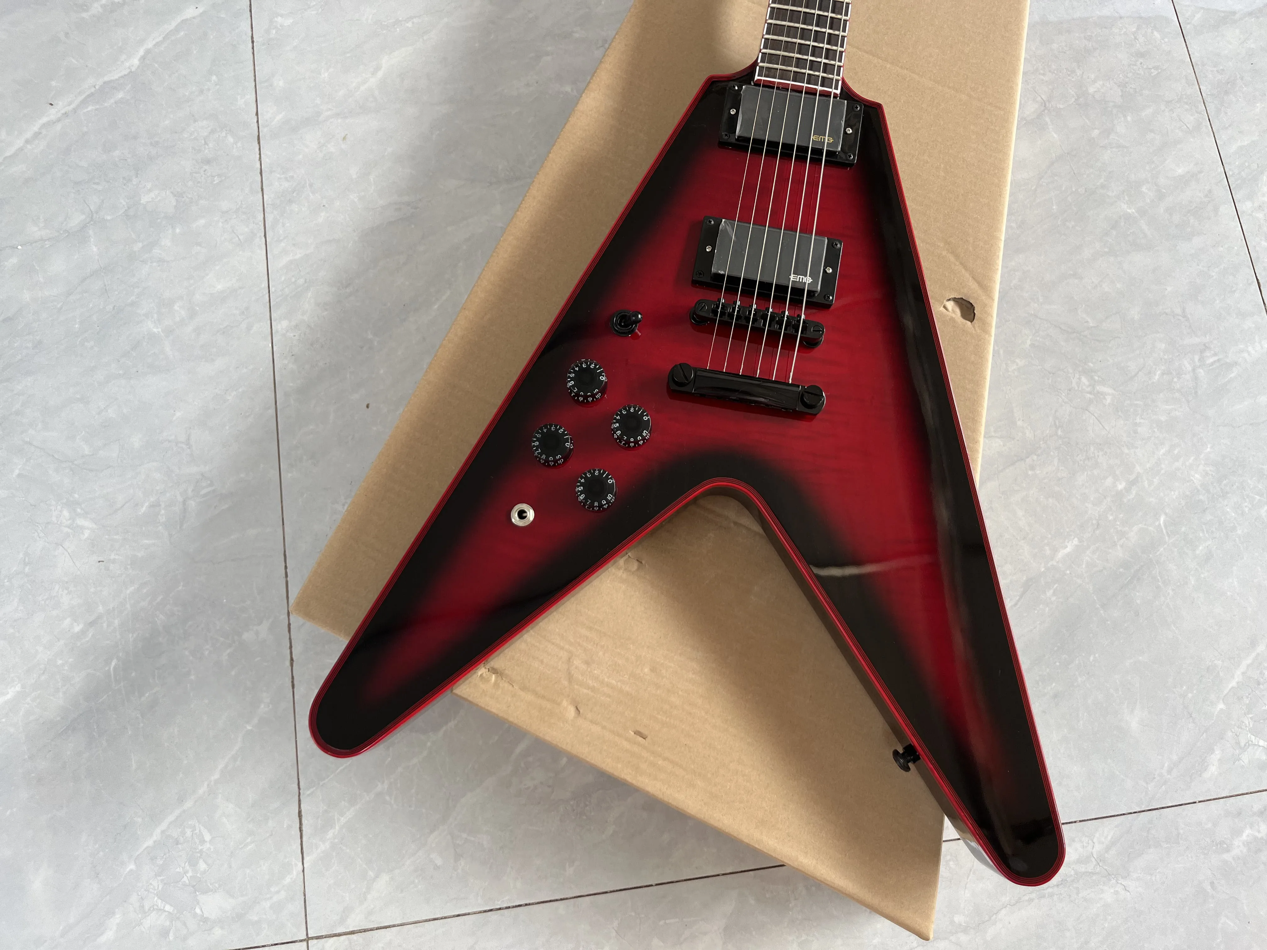 Chinese Electric Guitar Left Hand Flame Maple Top Red Binding  Flying V