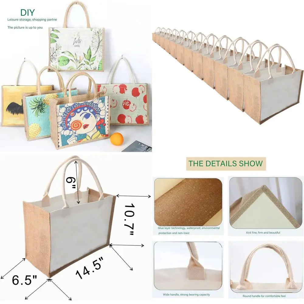 

Vintage Jute Tote Bags - Eco-Friendly, Reusable Grocery Bags for Travel, Shopping, Beach, and Weddings (Set of 12)