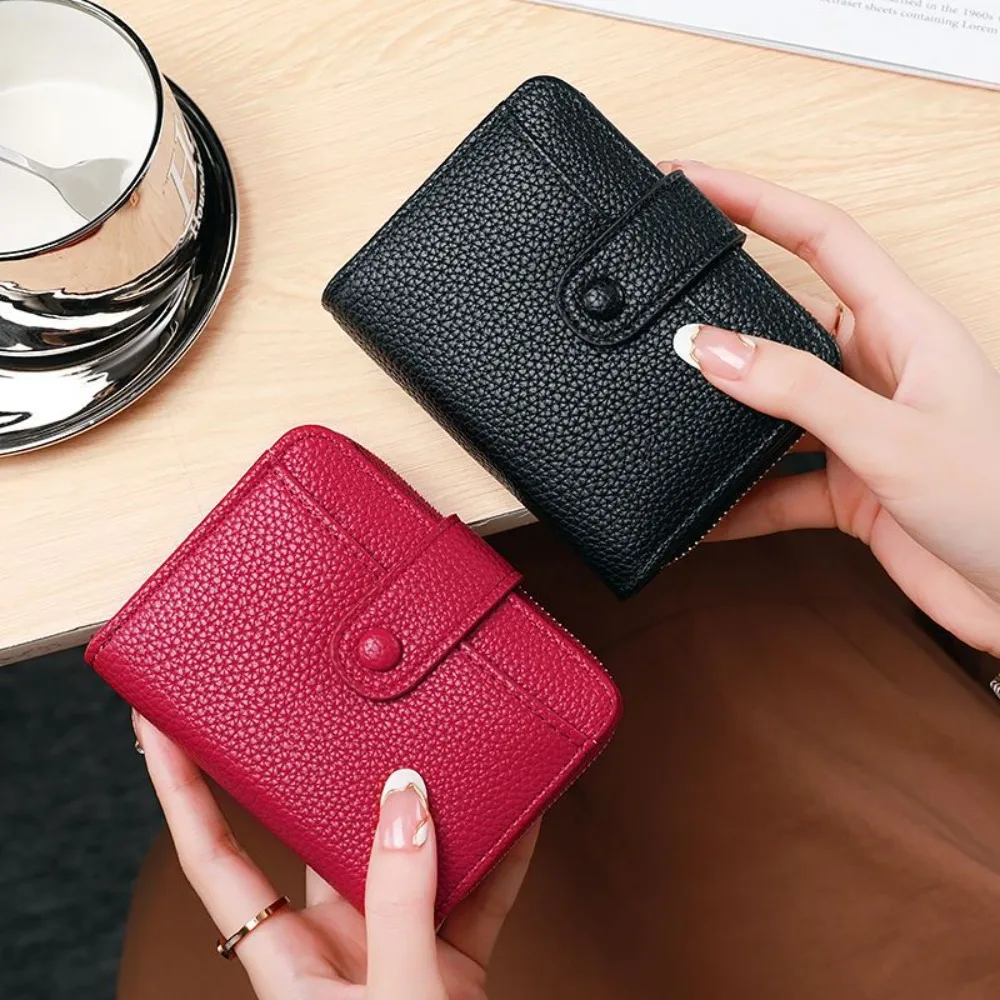 

Ins Elegant Women Short Wallet Pu Leather Lychee Pattern Business Purse Solid Color Zipper Bank/ID/Credit Card Holder Outdoor