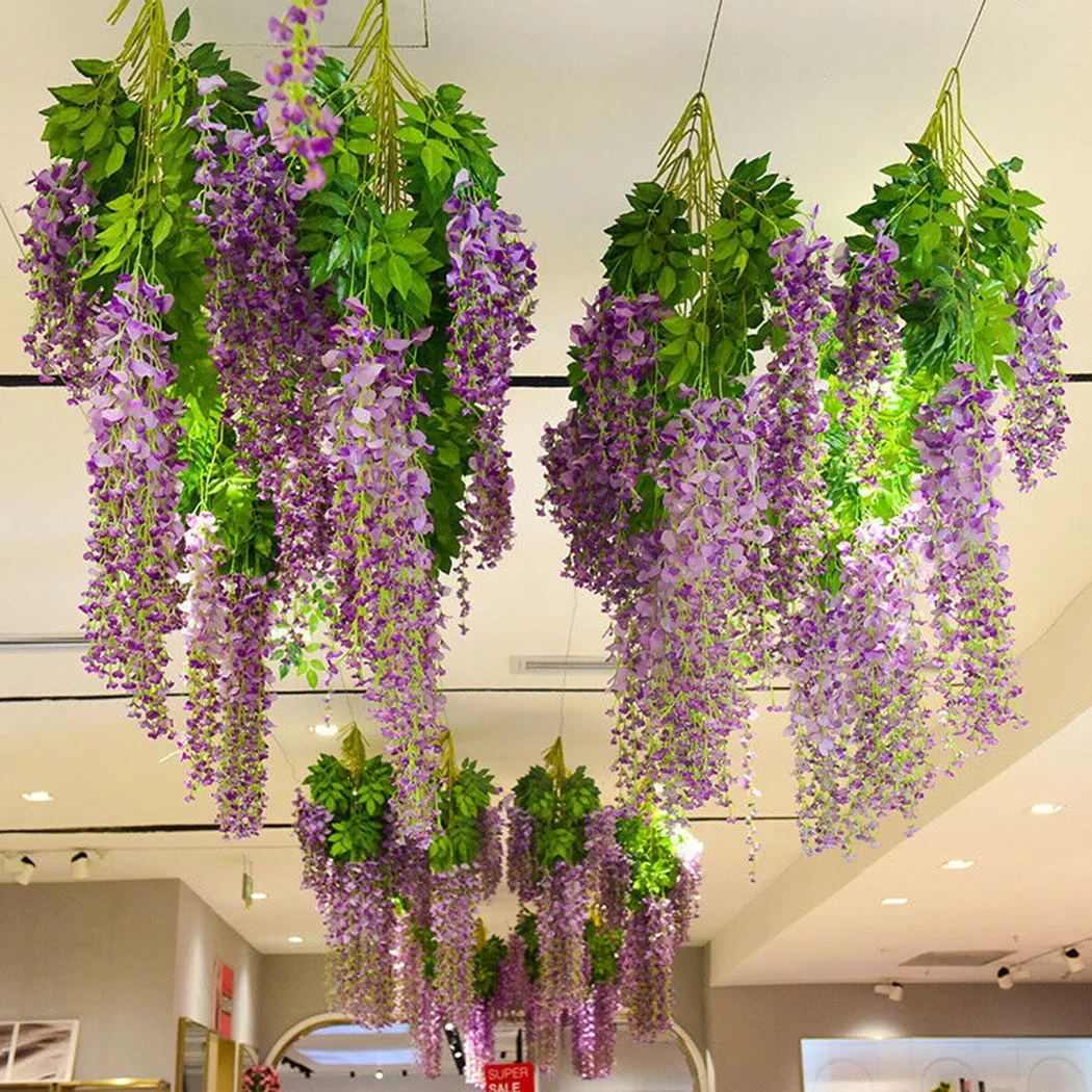 12pcs Artificial Flowers Silk Wisteria Vine Fake Silk Hanging Purple Hanging Flower Plant For Home Garden Wall Decoration